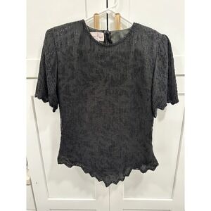 Laurence‎ Kazar Beaded Top Party Cocktail Blouse Short Sleeve Black Size S